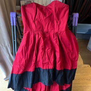 eShakti Colorblock Crimson Red Navy High-Low Strapless Sweetheart Dress Pockets